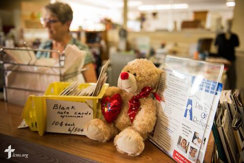 Teddy bear and other items on store counter