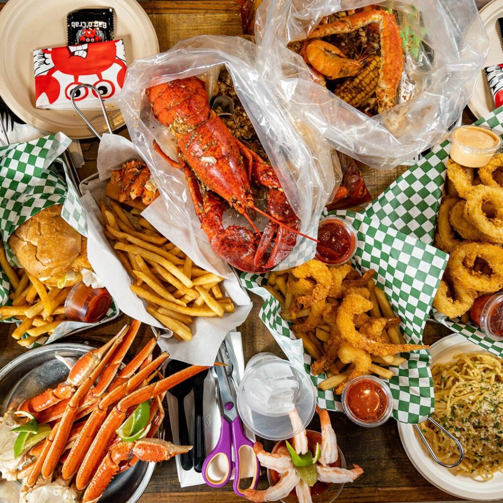 spread of seafood and sides