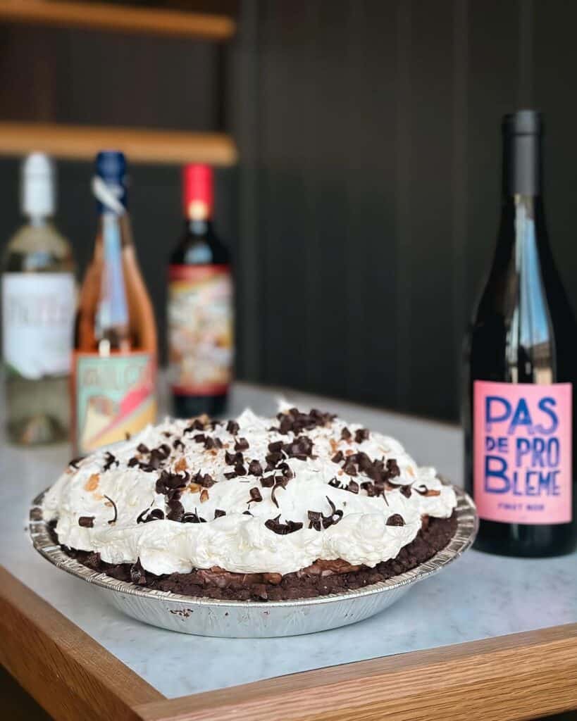 French silk pie with wine bottles