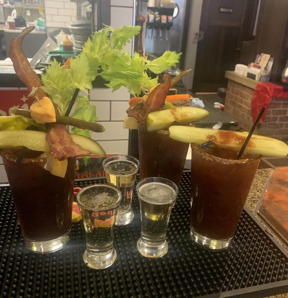 three bloody marys with shots
