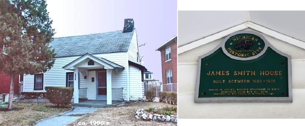 side by side photos of old farm house and plaque