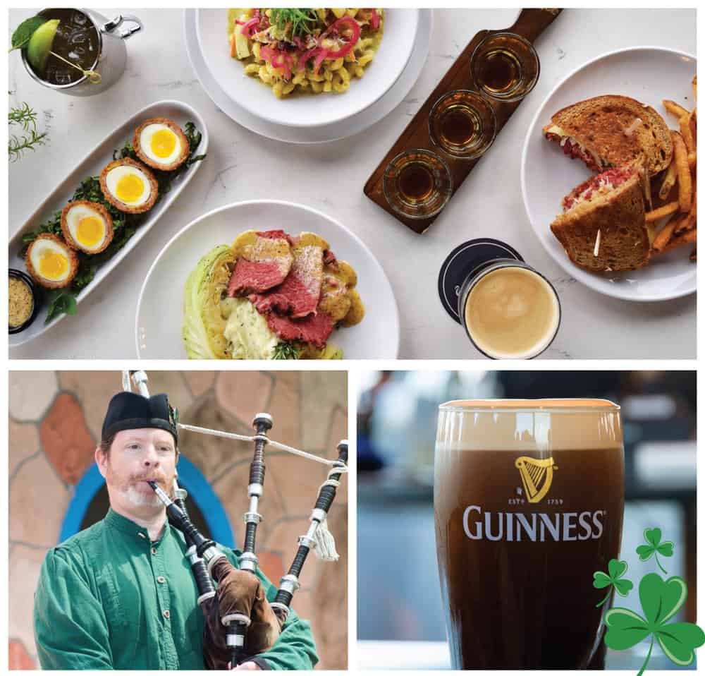 collage of Irish food, bagpiper, and Guinness