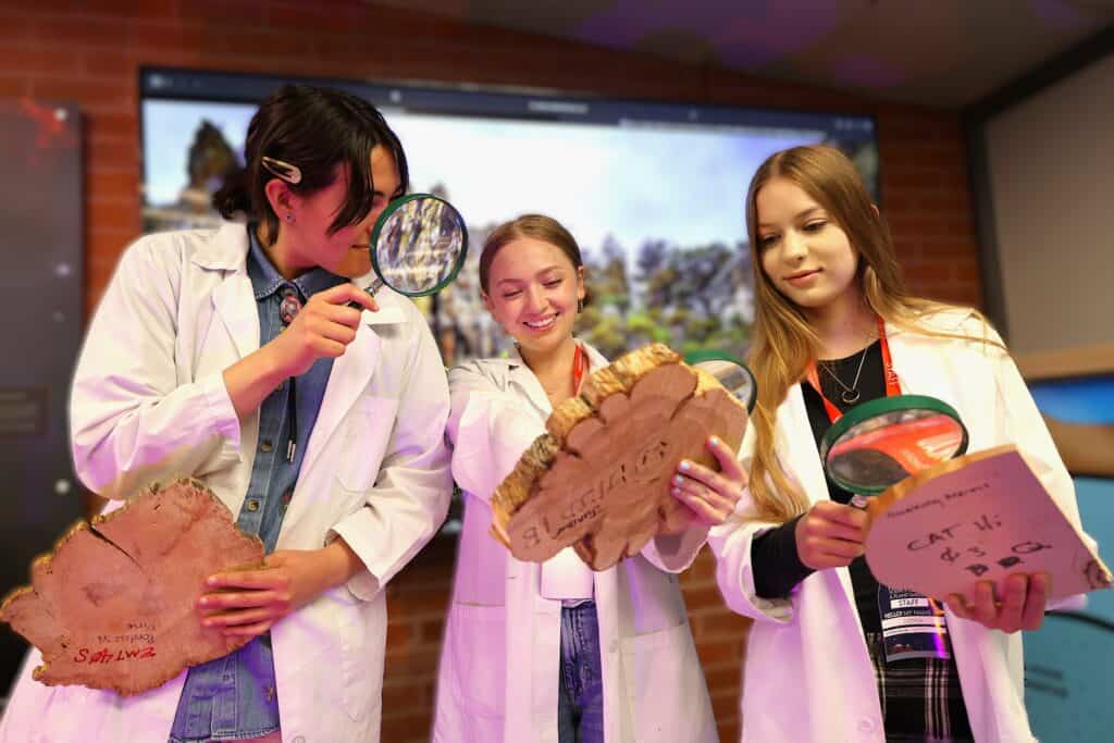 Three women in white lab coats participating in a tree ring demonstration Flandrau Science Center and Planetarium x